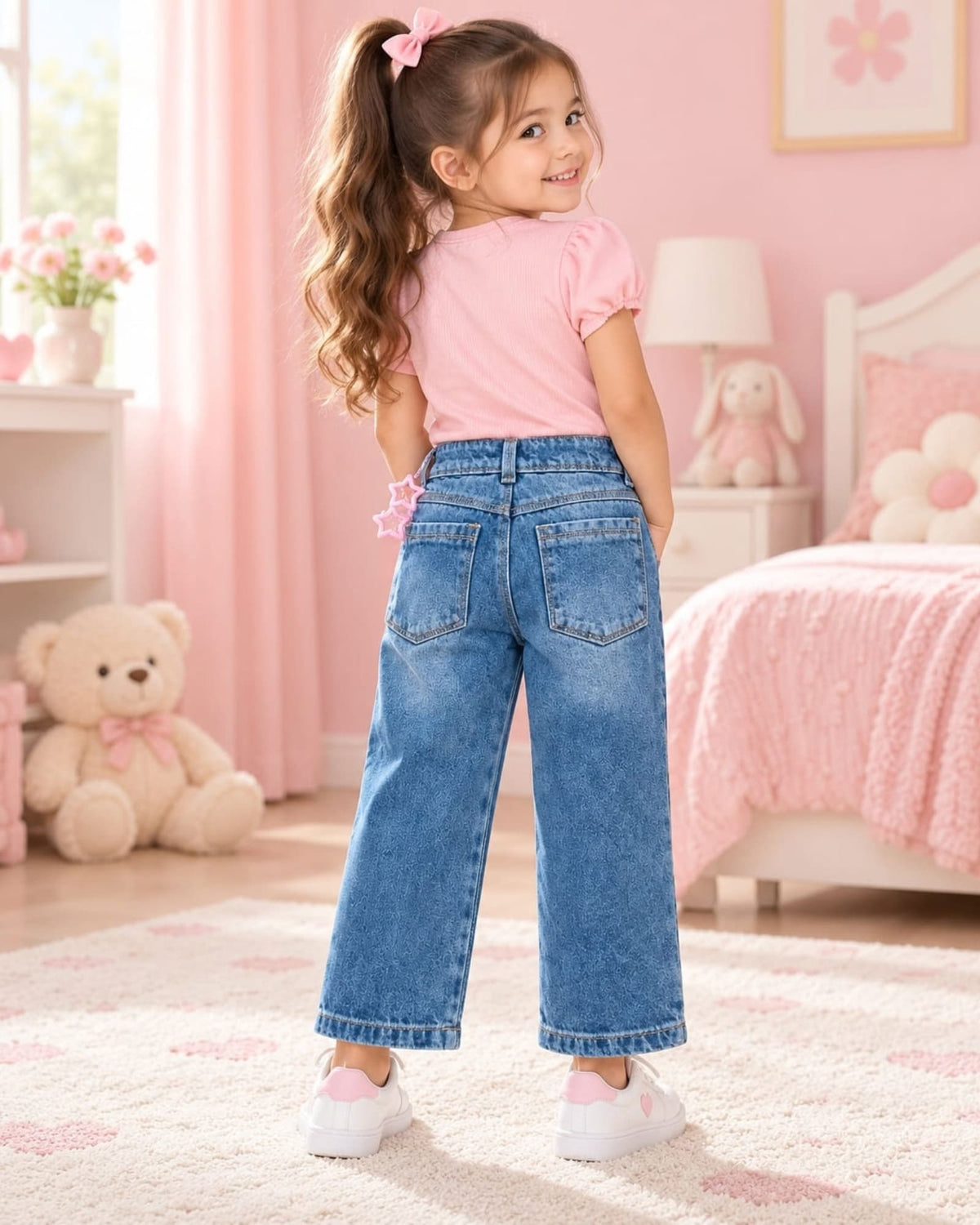 JEAN PARA NIÑA ESTRELLITAS ROSA – BOTA ANCHA
