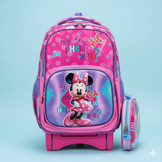 KIT X3 MALETA PREMIUM DOBLE RUEDAS + CARTUCHERA + LONCHERA MINNIE MOUSE