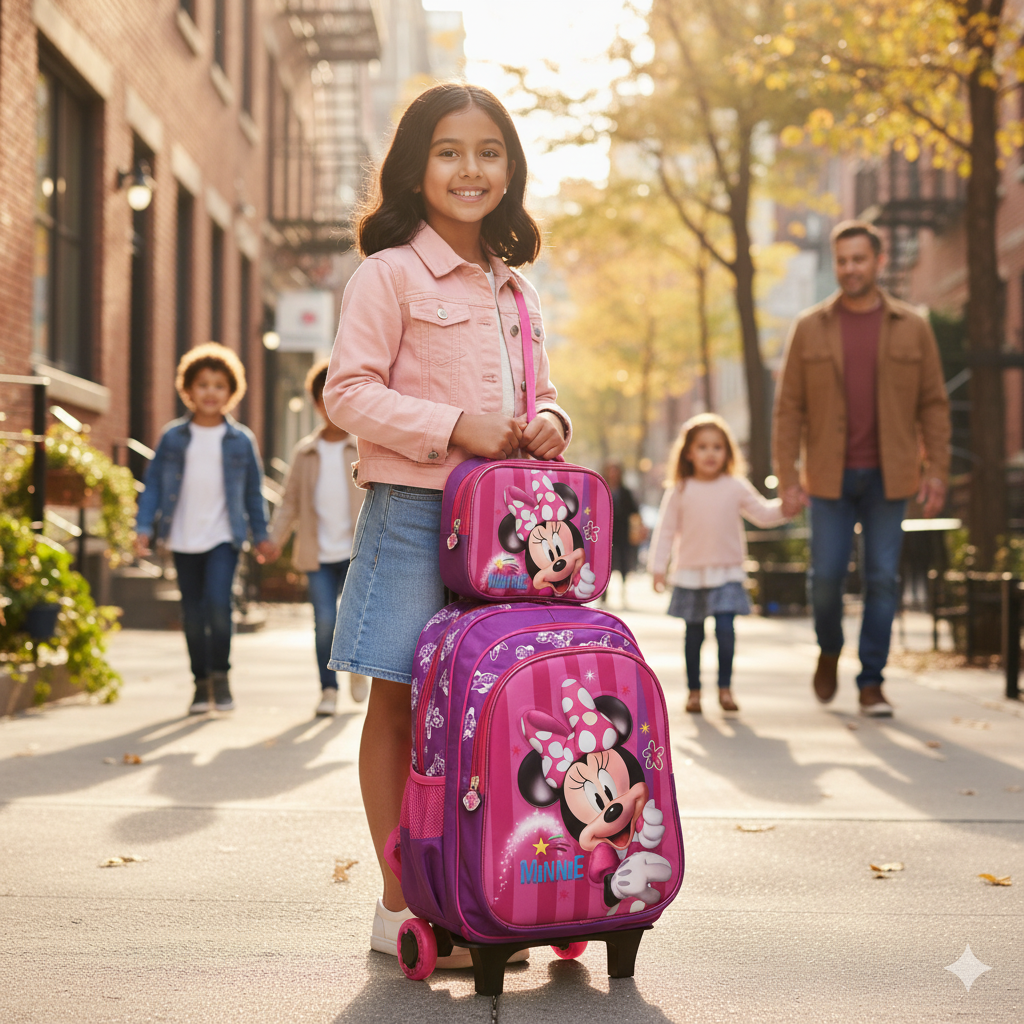 KIT X3 MALETA GRANDE RUEDAS + CARTUCHERA + LONCHERA MINNIE MOUSE LILA