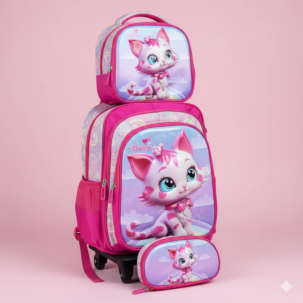 KIT X3 MALETA DOBLE RUEDAS + CARTUCHERA + LONCHERA GATICA