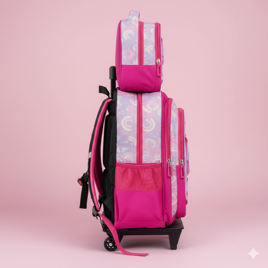 KIT X3 MALETA DOBLE RUEDAS + CARTUCHERA + LONCHERA GATICA