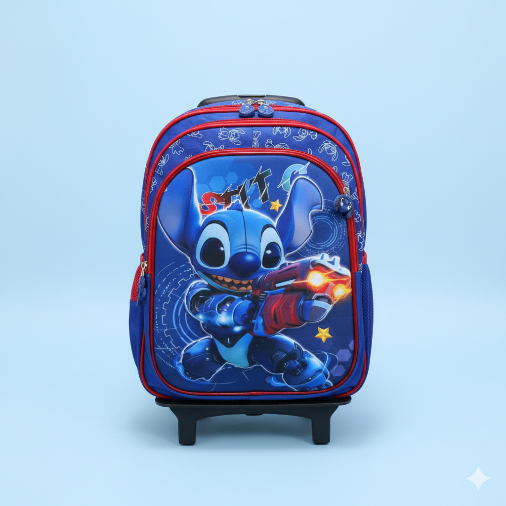 KIT X3 MALETA DOBLE RUEDAS + CARTUCHERA + LONCHERA STITCH