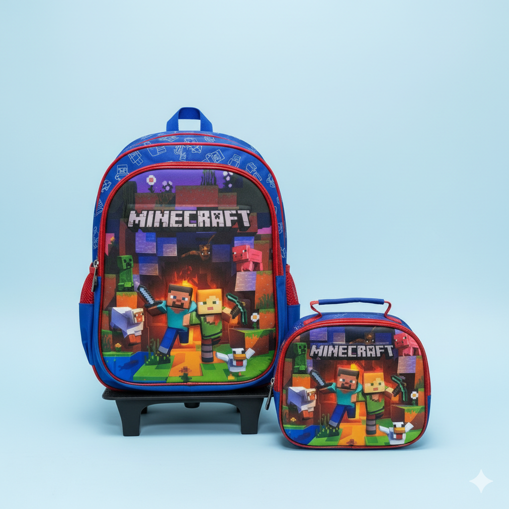 KIT X3 MALETA DOBLE RUEDAS + CARTUCHERA + LONCHERA MINECRAFT