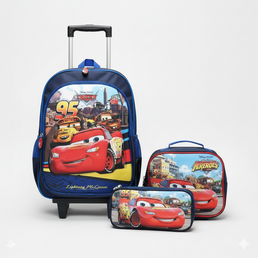 KIT X3 MALETA DOBLE RUEDAS + CARTUCHERA + LONCHERA CARS ROJA