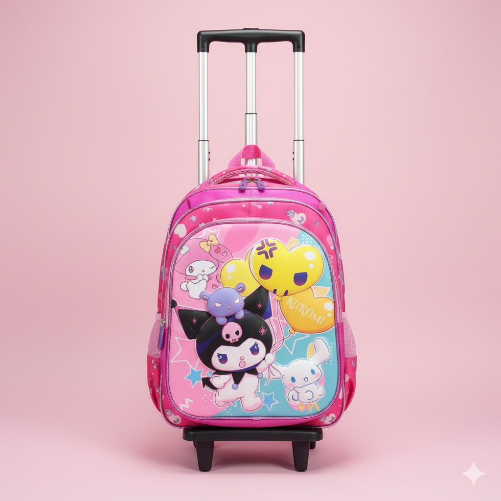 KIT X3 MALETA DOBLE RUEDAS + CARTUCHERA + LONCHERA KUROMI