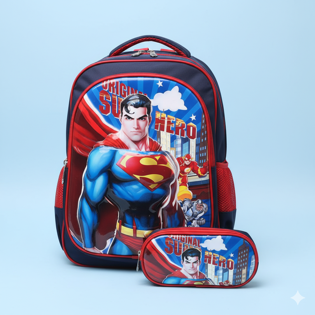 KIT X3 MALETA RUEDAS + CARTUCHERA + LONCHERA SUPERMAN