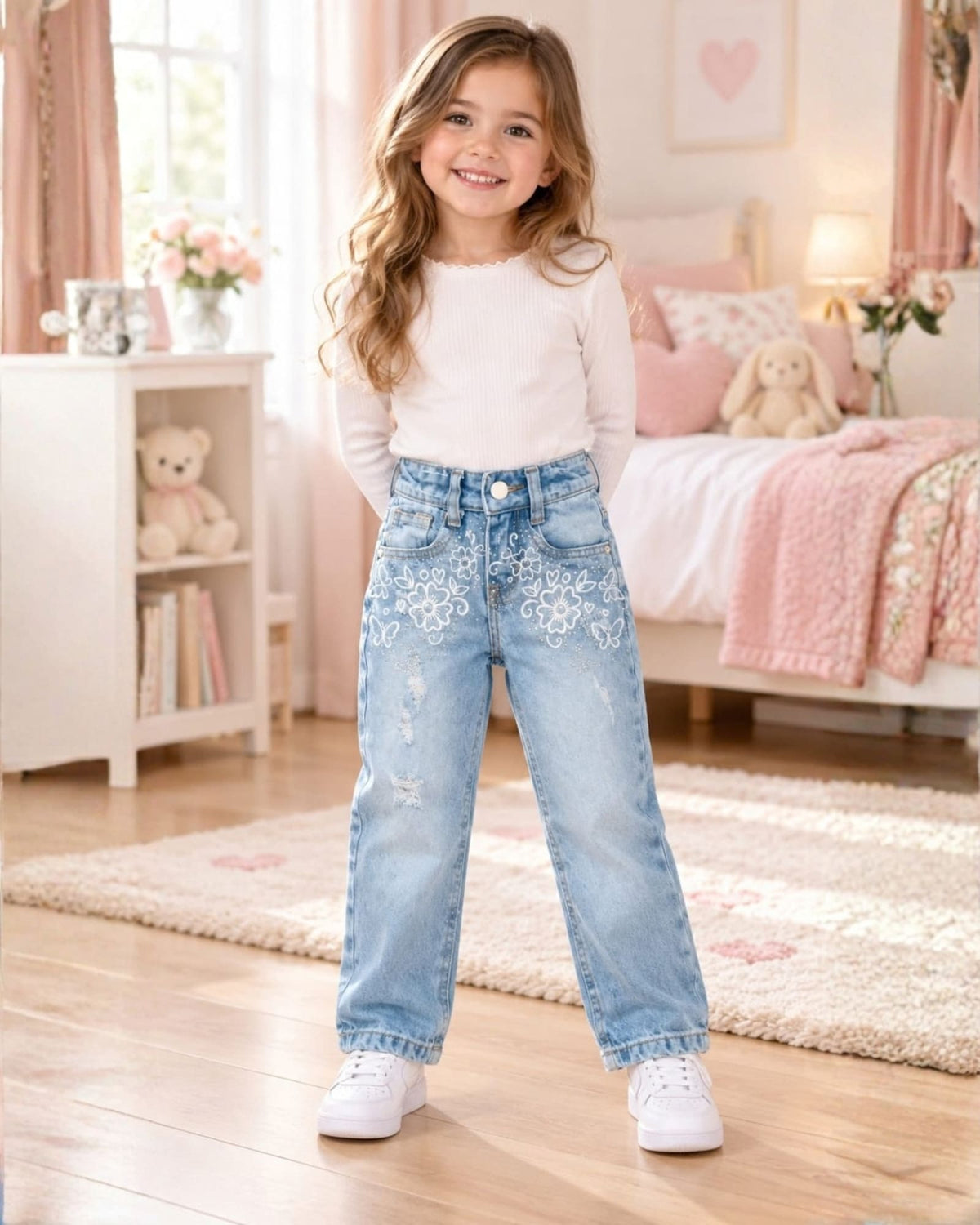 JEAN PARA NIÑA FLORES Y MARIPOSAS – BOTA RECTA