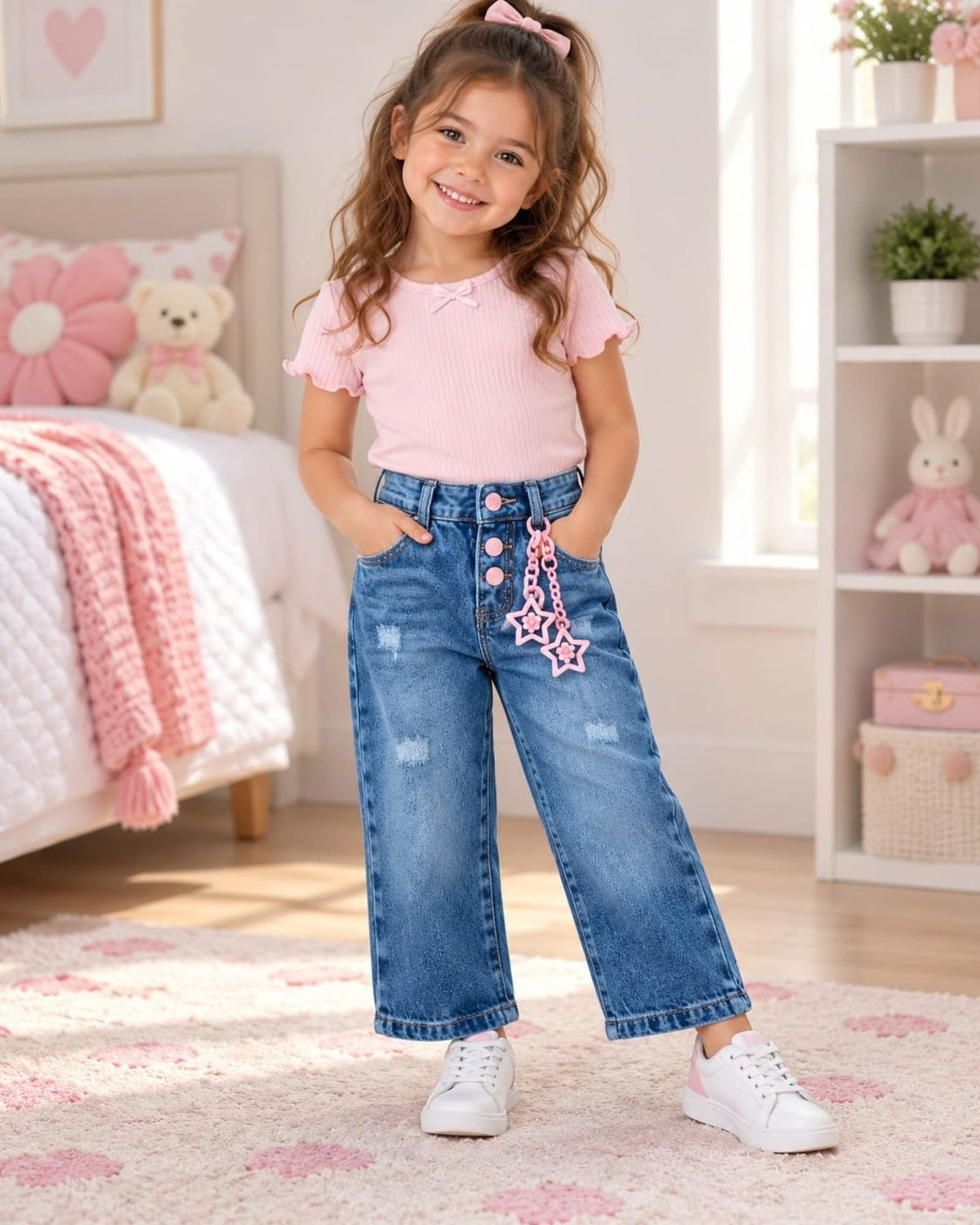 JEAN PARA NIÑA ESTRELLITAS ROSA – BOTA ANCHA