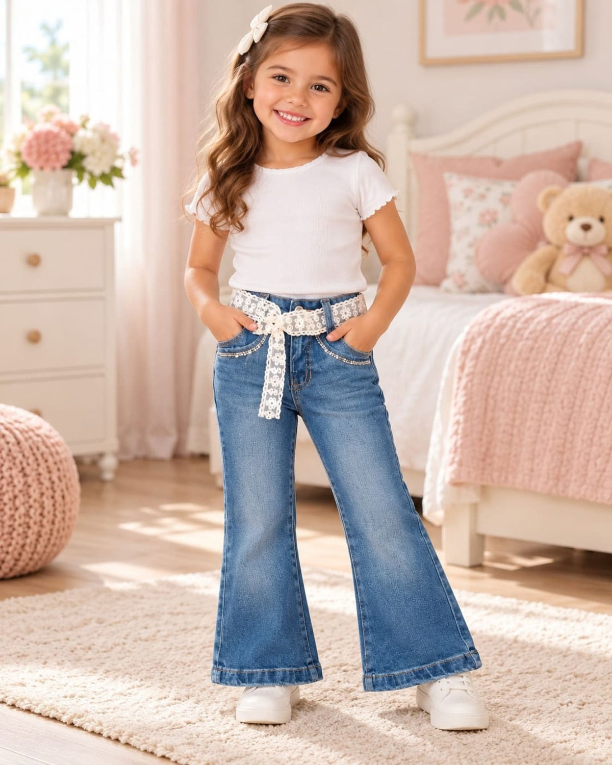 JEAN PARA NIÑA LAZO DE ENCAJE – BOTA CAMPANA