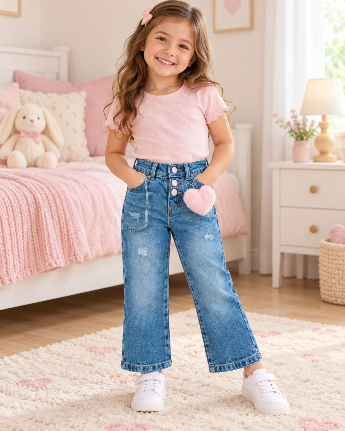 JEAN PARA NIÑA CORAZÓN ROSA – BOTA ANCHA