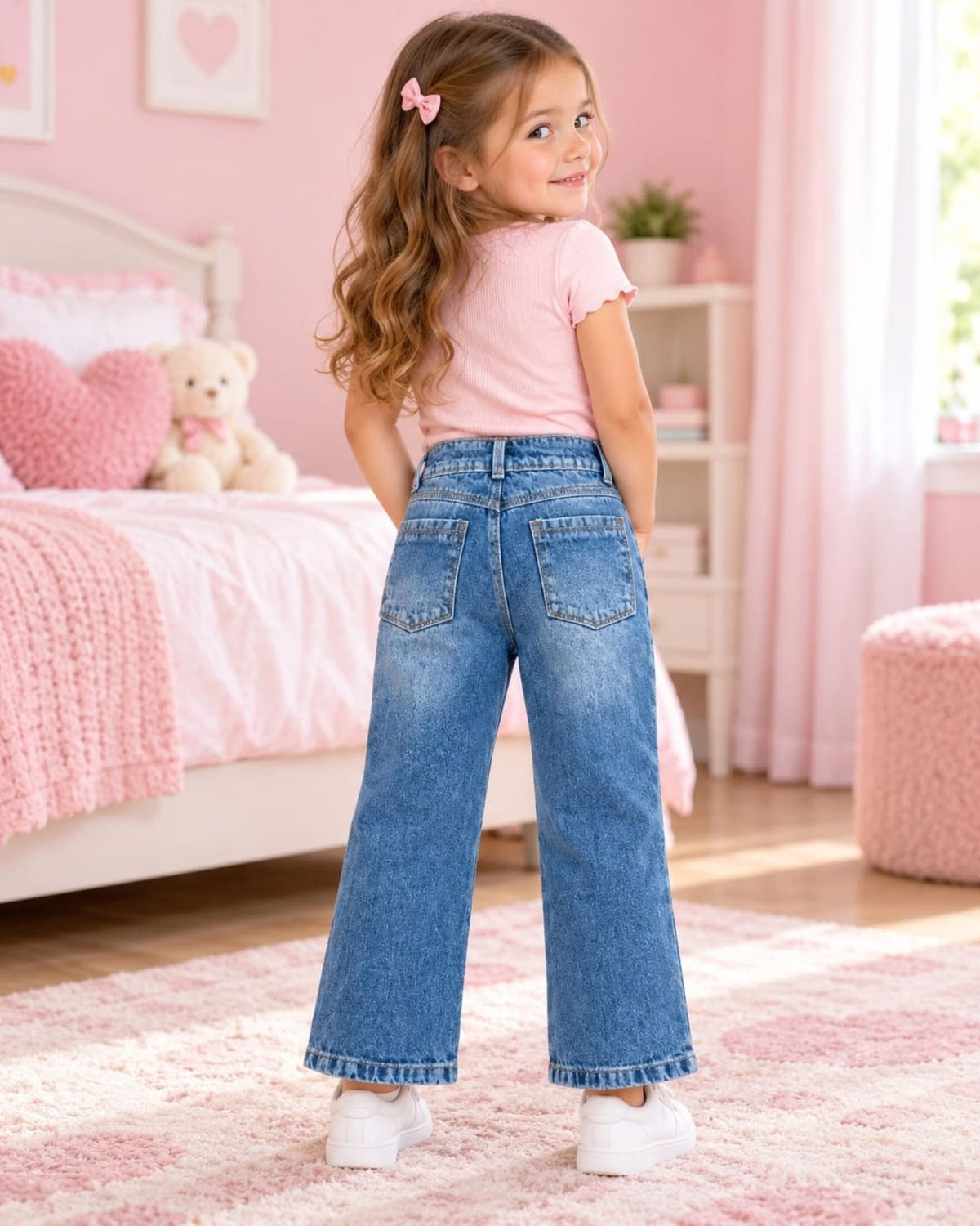 JEAN PARA NIÑA CORAZÓN ROSA – BOTA ANCHA