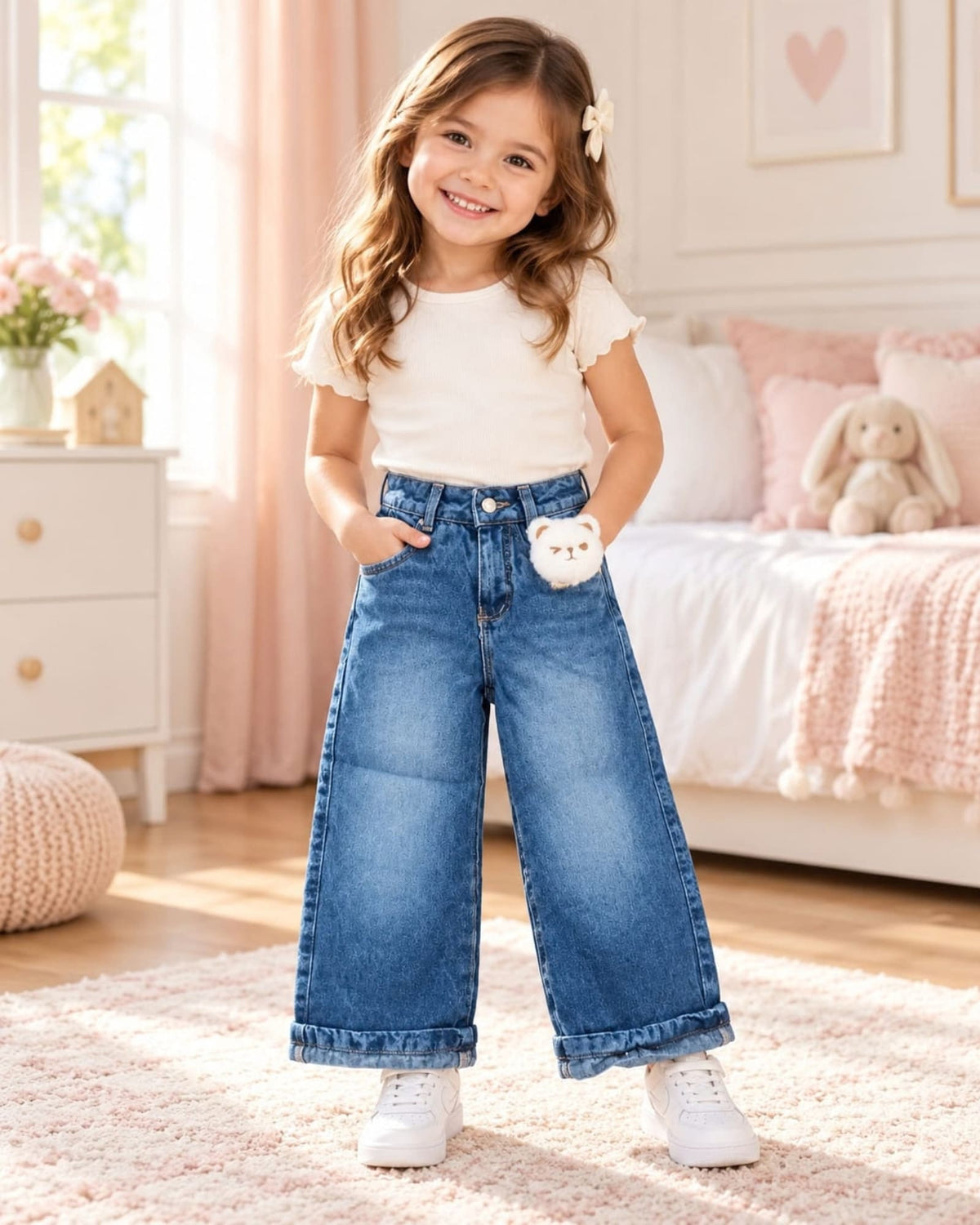 JEAN PARA NIÑA OSITO BLANCO – BOTA ANCHA