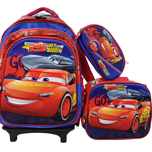 KIT X3 MALETA DOBLE RUEDAS + CARTUCHERA + LONCHERA CARS ROJA