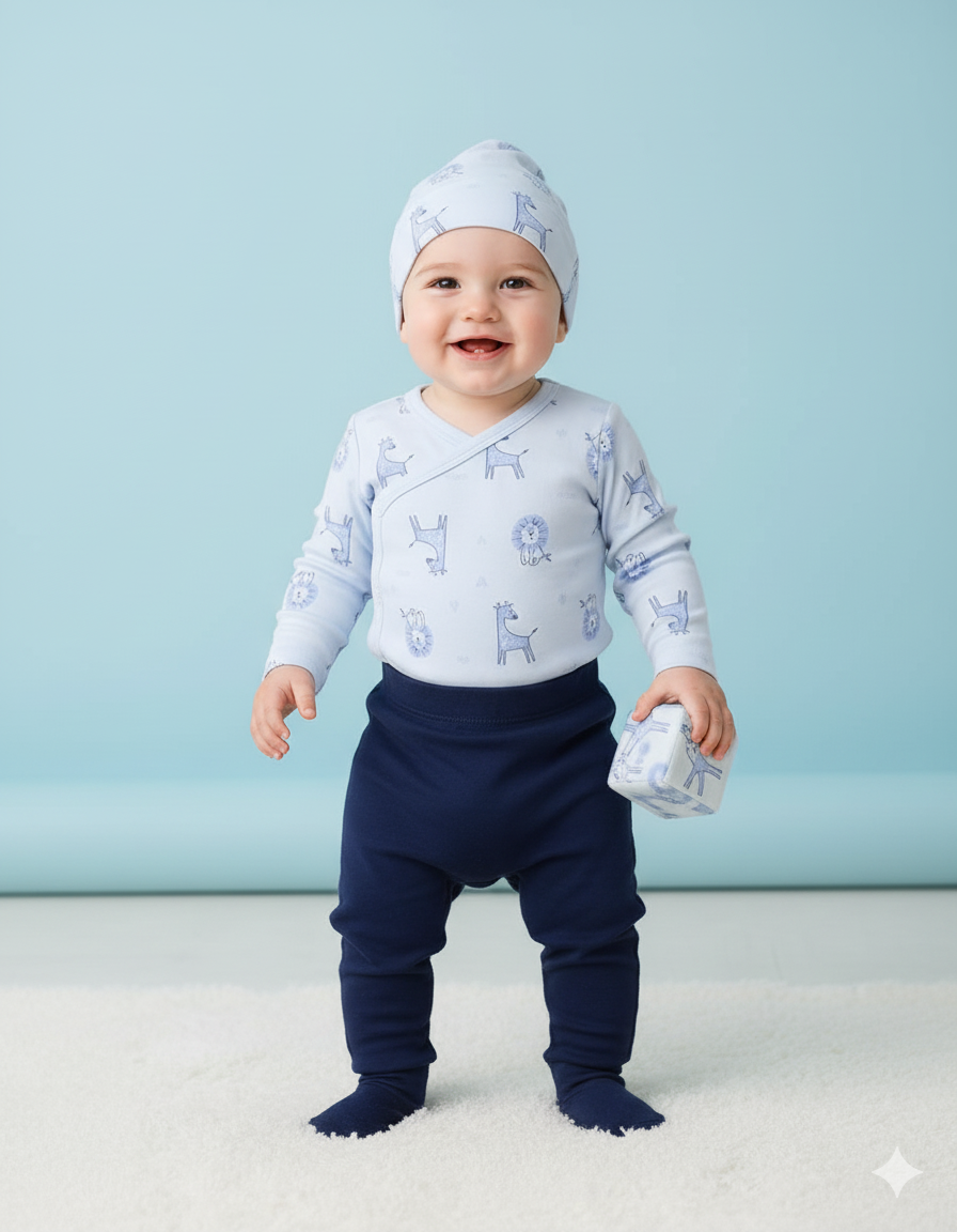 CONJUNTO 3 PIEZAS  BODY LEONES + PANTALÓN + GORRITO