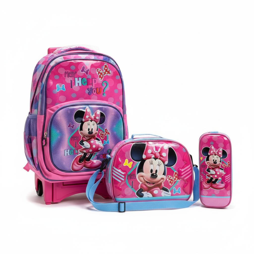 KIT X3 MALETA PREMIUM DOBLE RUEDAS + CARTUCHERA + LONCHERA MINNIE MOUSE