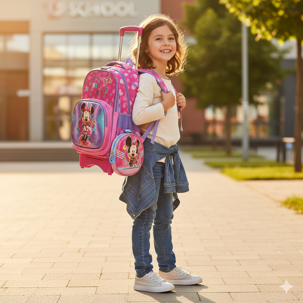 KIT X3 MALETA PREMIUM DOBLE RUEDAS + CARTUCHERA + LONCHERA MINNIE MOUSE