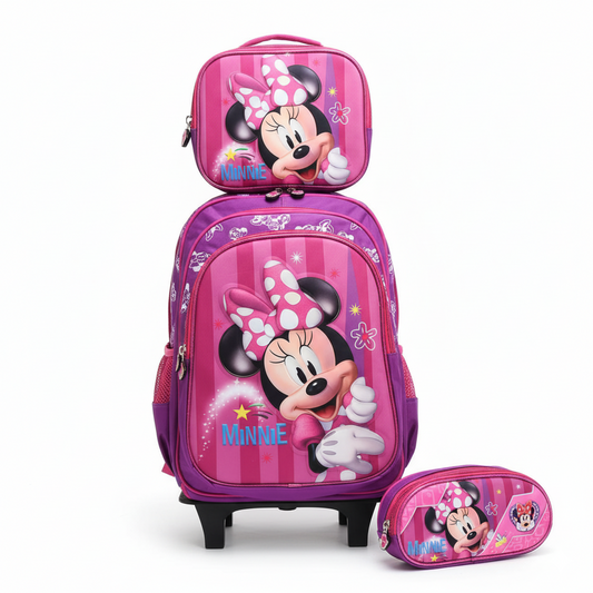 KIT X3 MALETA GRANDE RUEDAS + CARTUCHERA + LONCHERA MINNIE MOUSE LILA
