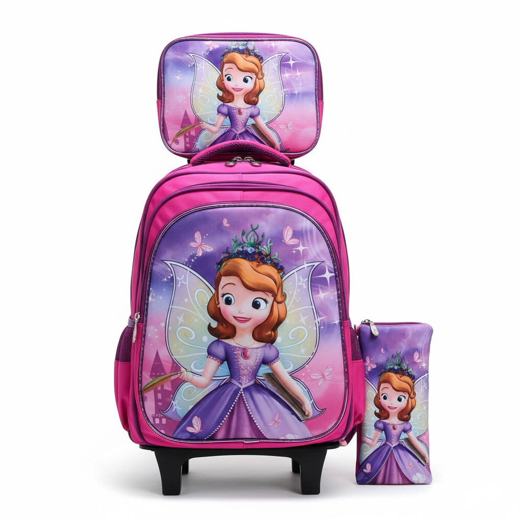 KIT X3 MALETA RUEDAS + CARTUCHERA + LONCHERA PRINCESA SOFIA