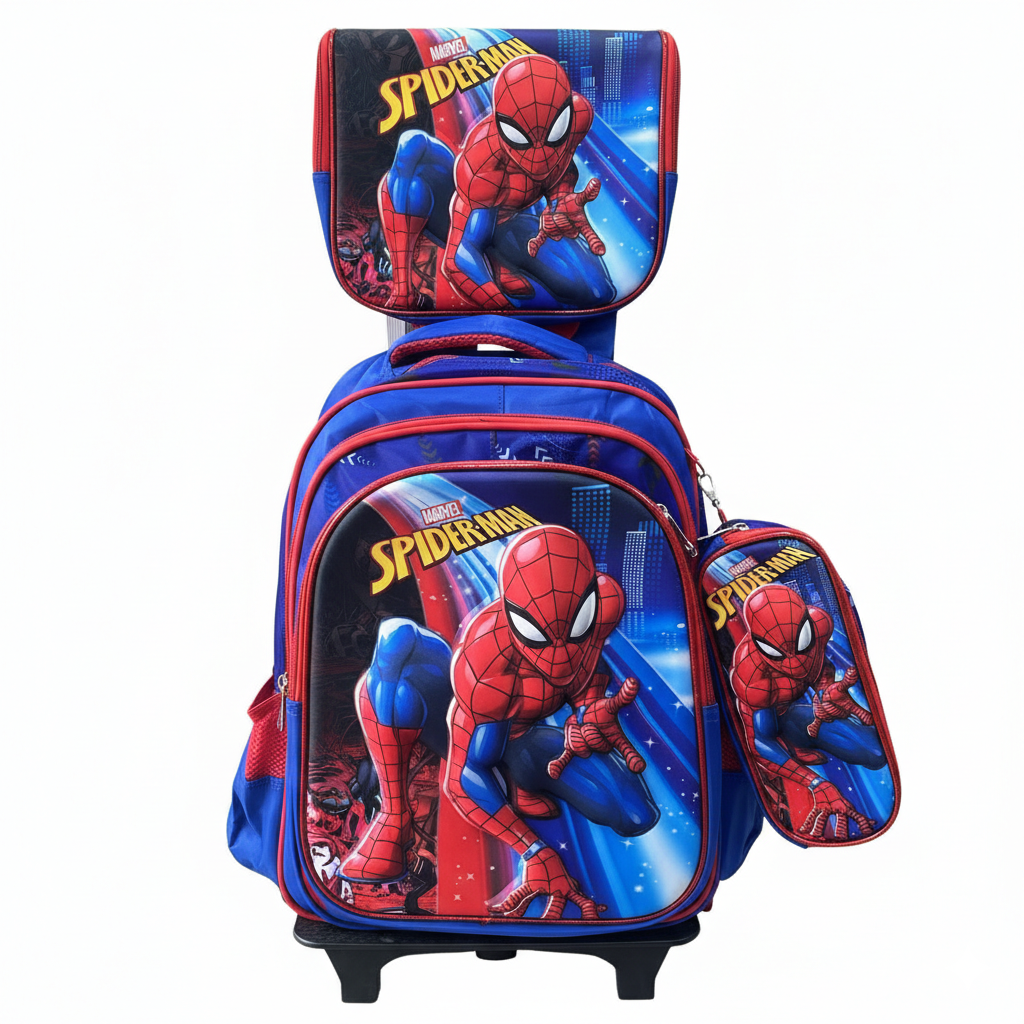 KIT X3 MALETA RUEDAS + CARTUCHERA + LONCHERA SPIDERMAN