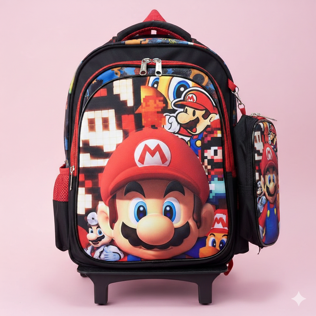 KIT X3 MALETA RUEDAS + CARTUCHERA + LONCHERA MARIO NEGRA