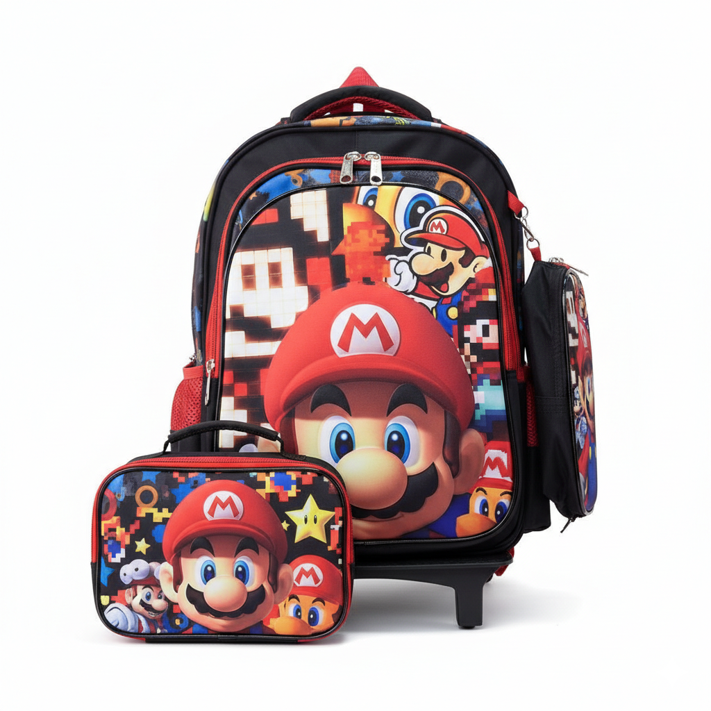 KIT X3 MALETA RUEDAS + CARTUCHERA + LONCHERA MARIO NEGRA