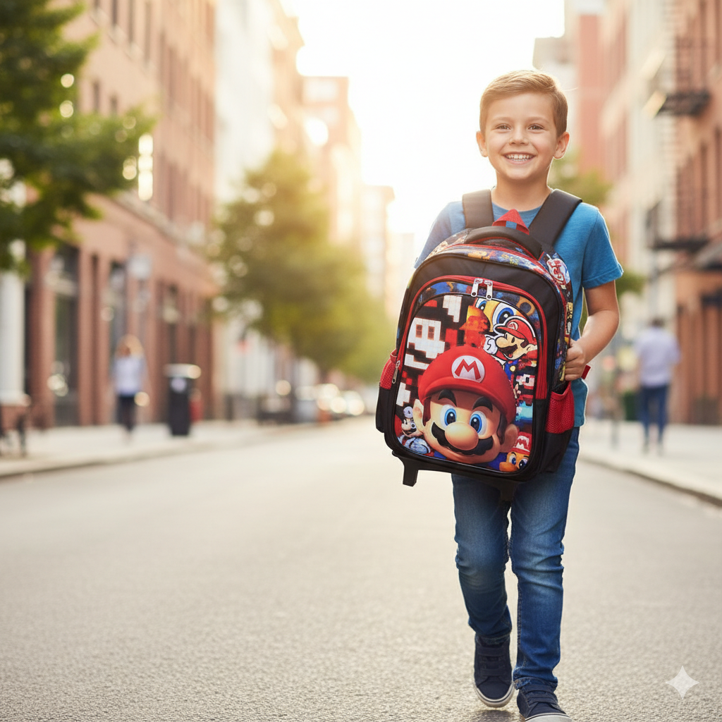 KIT X3 MALETA RUEDAS + CARTUCHERA + LONCHERA MARIO NEGRA