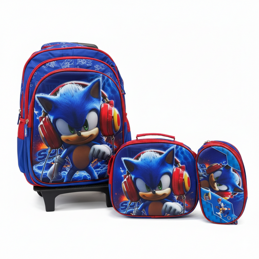 KIT X3 MALETA RUEDAS + CARTUCHERA + LONCHERA SONIC