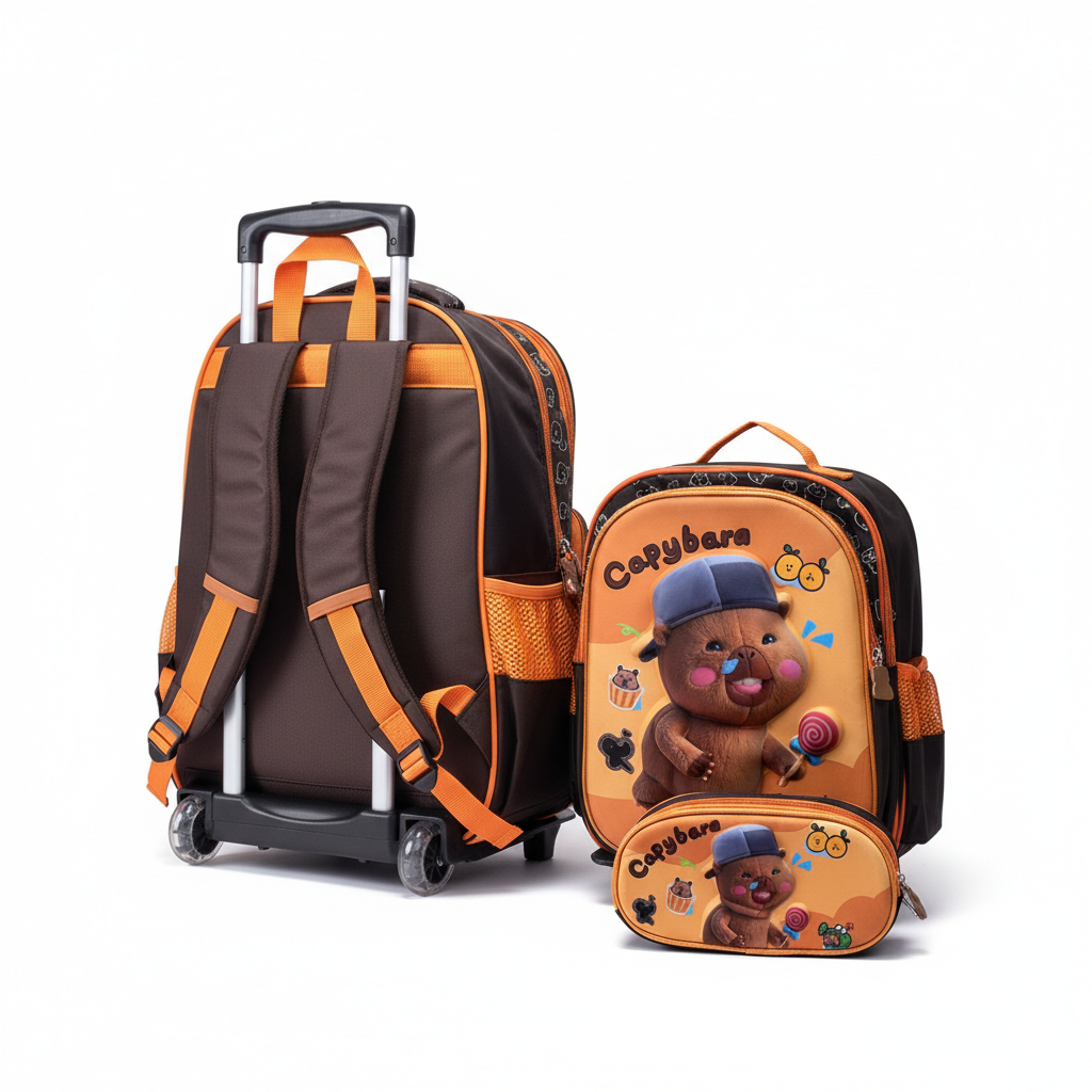 KIT X3 MALETA RUEDAS + CARTUCHERA + LONCHERA CAPIBARA