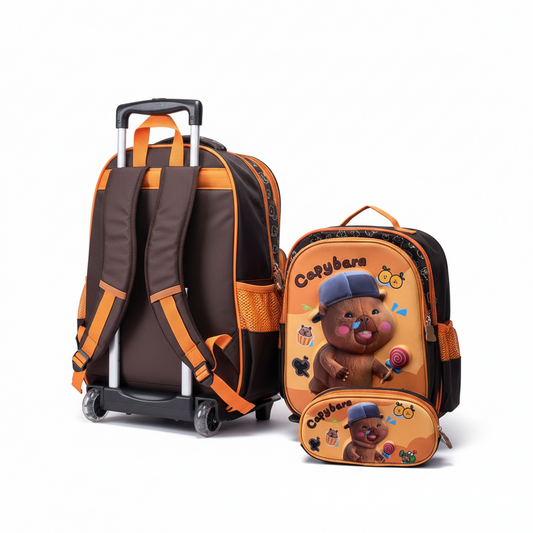 KIT X3 MALETA RUEDAS + CARTUCHERA + LONCHERA CAPIBARA