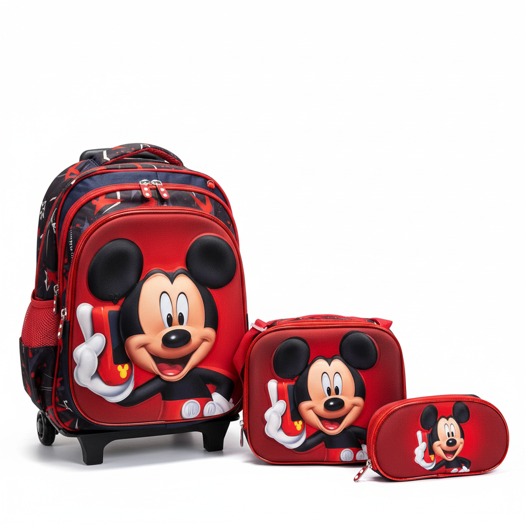 KIT X3 MALETA RUEDAS + CARTUCHERA + LONCHERA MICKEY ROJA