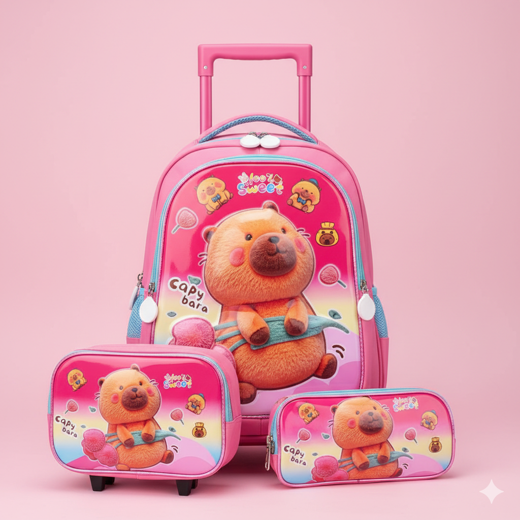 KIT X3 MALETA DOBLE RUEDAS + CARTUCHERA + LONCHERA CAPIBARA PREMIUM