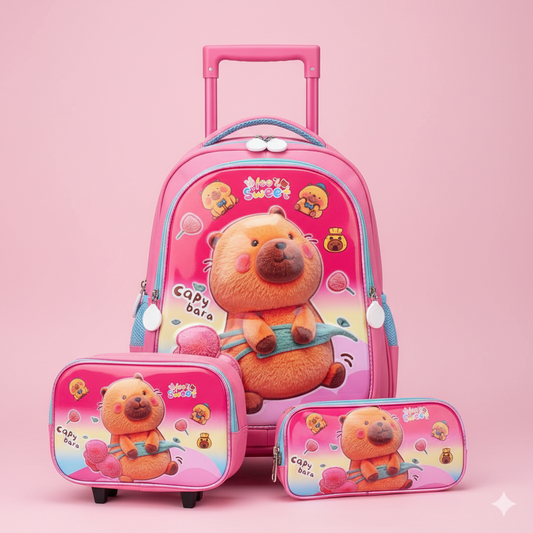 KIT X3 MALETA DOBLE RUEDAS + CARTUCHERA + LONCHERA CAPIBARA PREMIUM