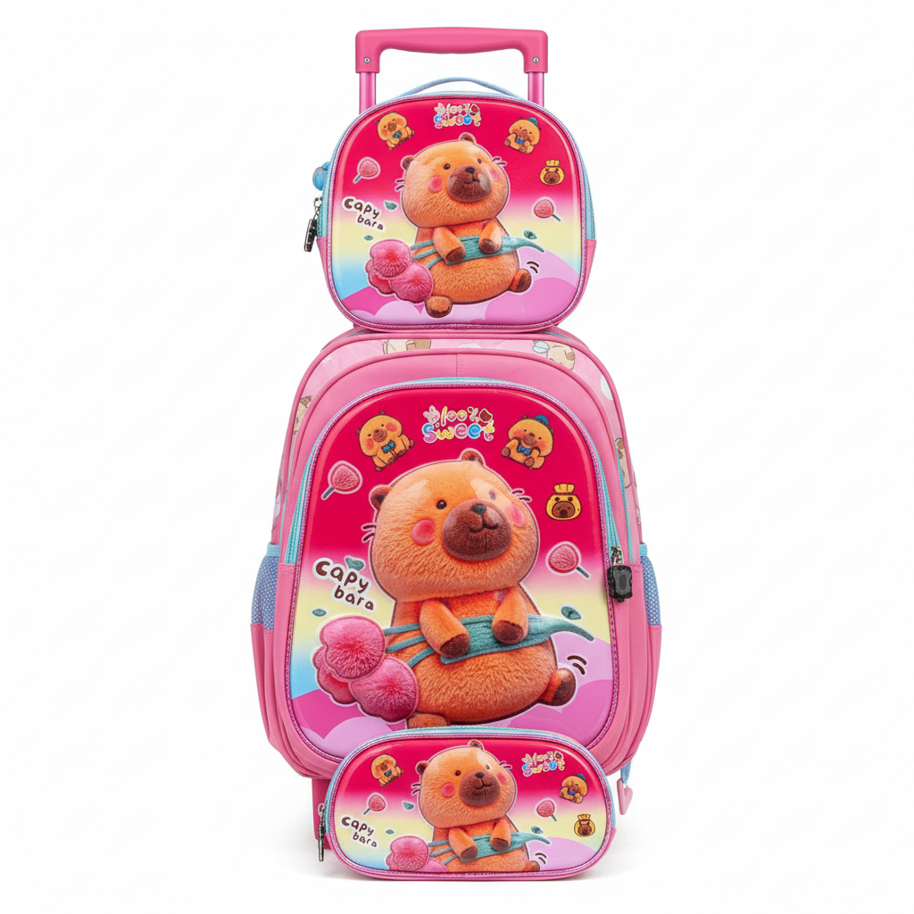 KIT X3 MALETA DOBLE RUEDAS + CARTUCHERA + LONCHERA CAPIBARA PREMIUM