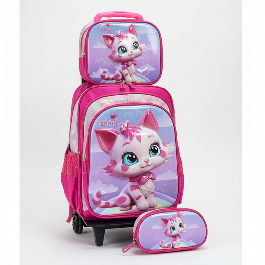 KIT X3 MALETA DOBLE RUEDAS + CARTUCHERA + LONCHERA GATICA