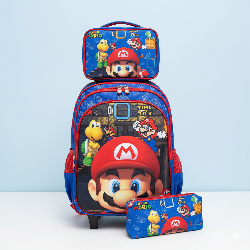 KIT X3 MALETA DOBLE RUEDAS + CARTUCHERA + LONCHERA MARIO AZUL
