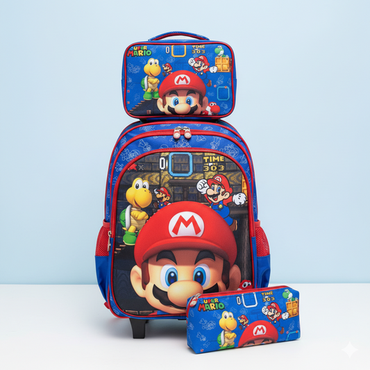 KIT X3 MALETA DOBLE RUEDAS + CARTUCHERA + LONCHERA MARIO AZUL