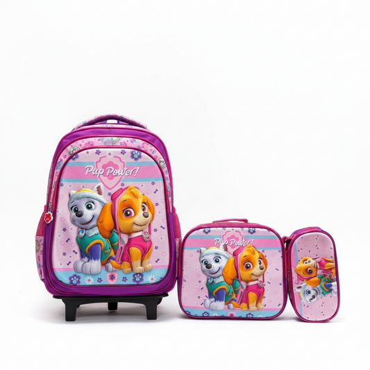 KIT X3 MALETA DOBLE RUEDAS + CARTUCHERA + LONCHERA PAW PATROL