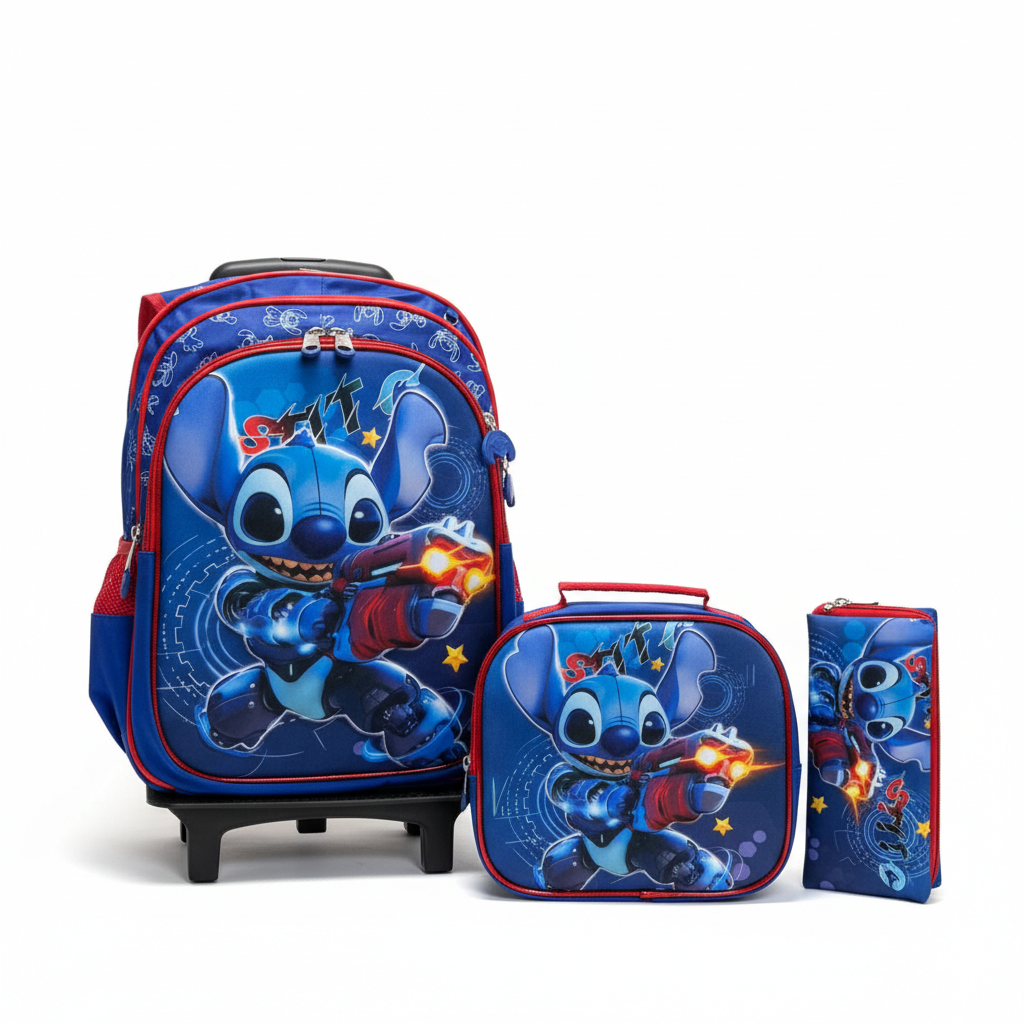 KIT X3 MALETA DOBLE RUEDAS + CARTUCHERA + LONCHERA STITCH