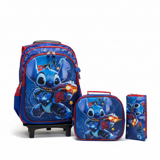 KIT X3 MALETA DOBLE RUEDAS + CARTUCHERA + LONCHERA STITCH