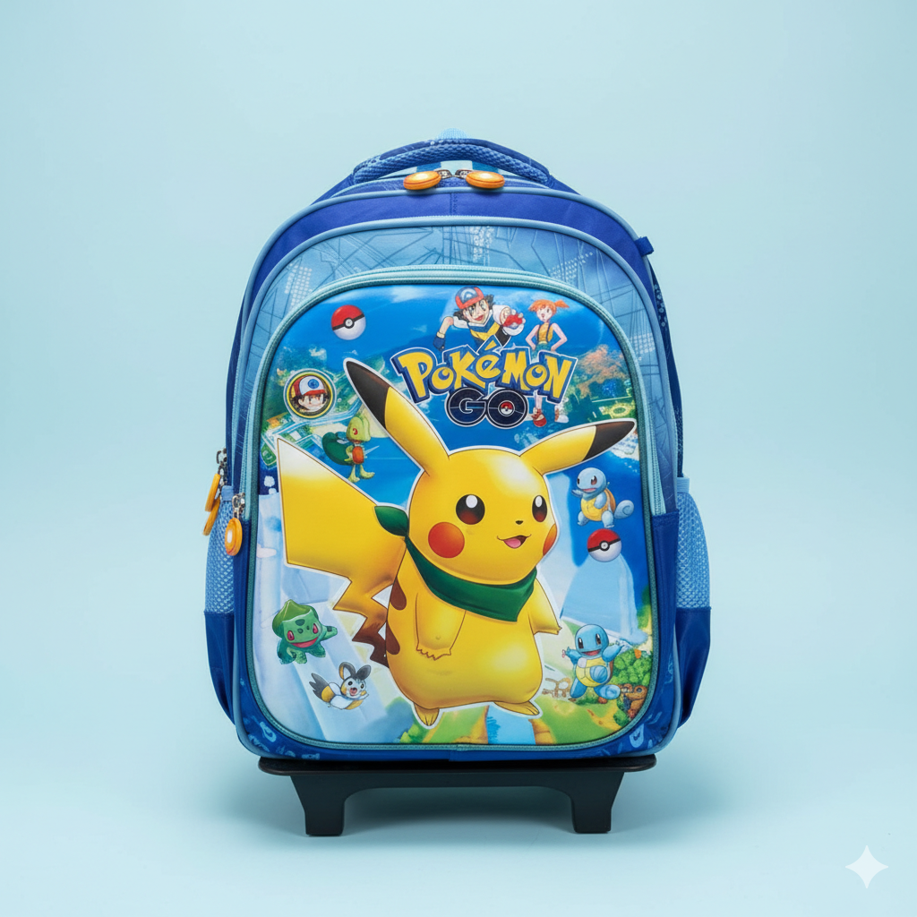 KIT X3 MALETA DOBLE RUEDAS + CARTUCHERA + LONCHERA PICACHU