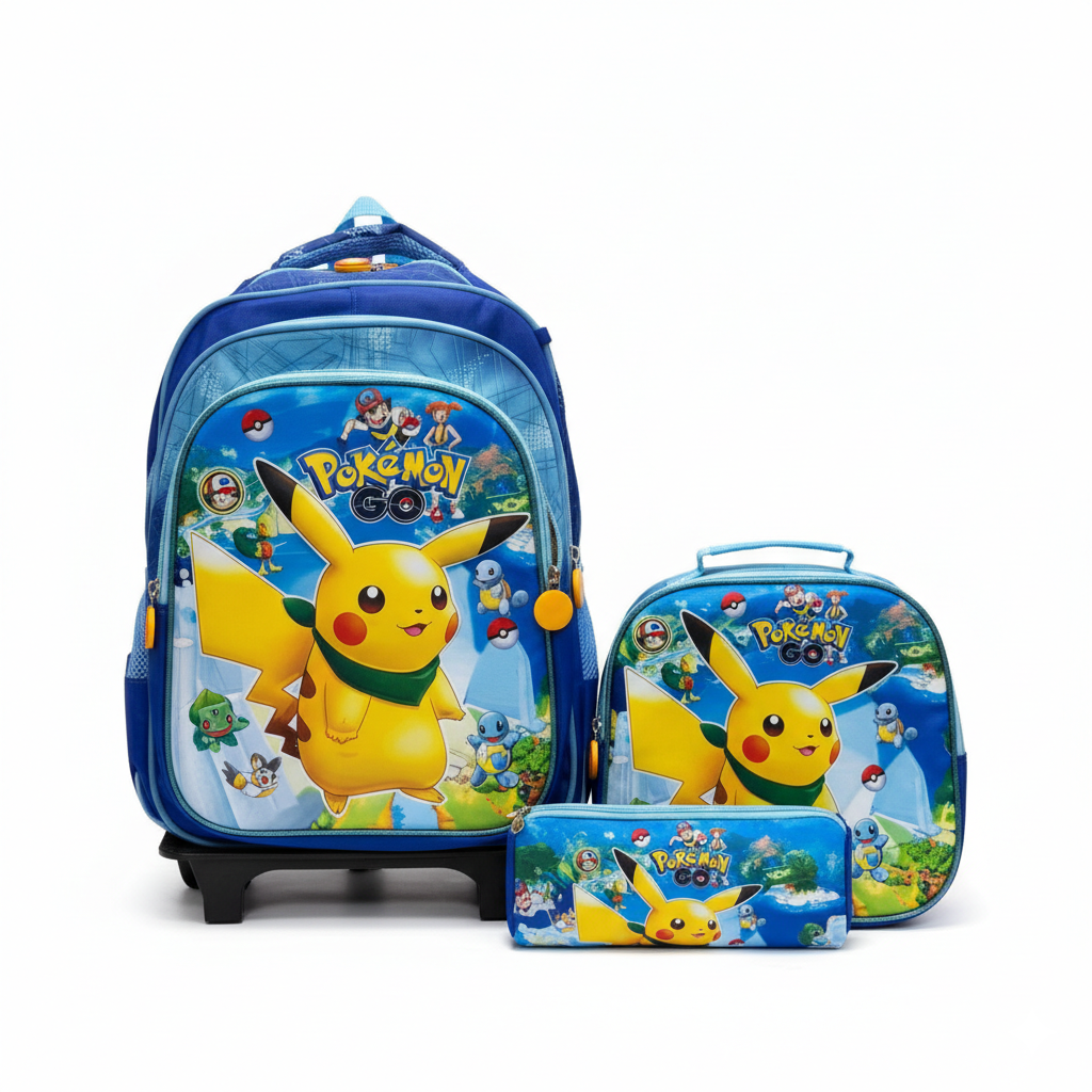 KIT X3 MALETA DOBLE RUEDAS + CARTUCHERA + LONCHERA PICACHU