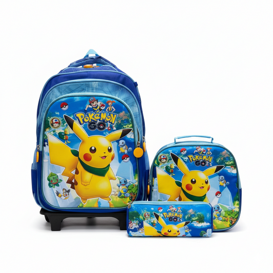 KIT X3 MALETA DOBLE RUEDAS + CARTUCHERA + LONCHERA PICACHU