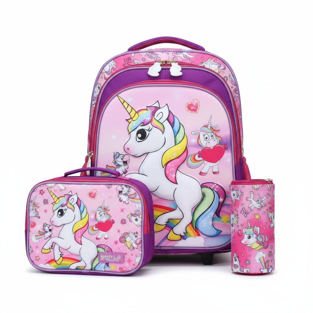 KIT X3 MALETA DOBLE RUEDAS + CARTUCHERA + LONCHERA UNICORNIO