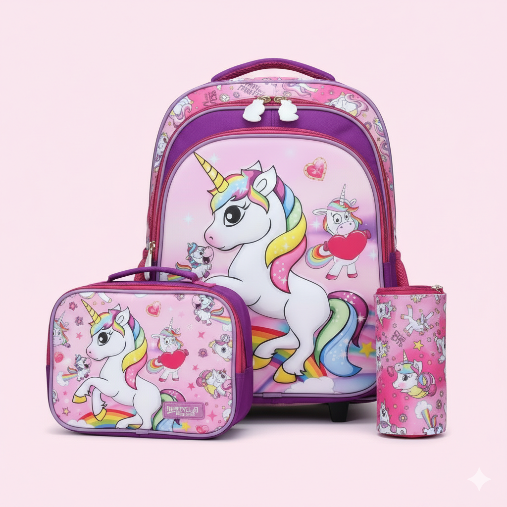 KIT X3 MALETA DOBLE RUEDAS + CARTUCHERA + LONCHERA UNICORNIO