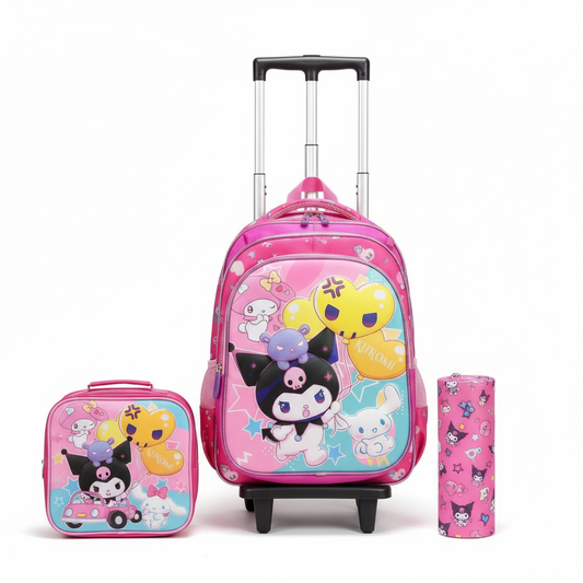 KIT X3 MALETA DOBLE RUEDAS + CARTUCHERA + LONCHERA KUROMI