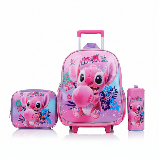 KIT X3 MALETA DOBLE RUEDAS + CARTUCHERA + LONCHERA ANGELA