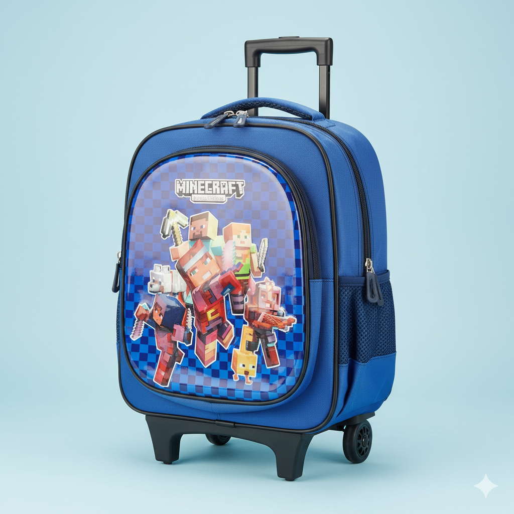 KIT X3 MALETA DOBLE RUEDAS + CARTUCHERA + LONCHERA MINECRAFT 2