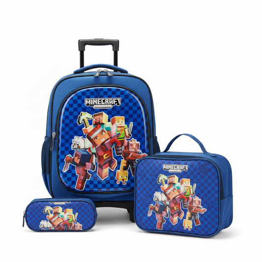 KIT X3 MALETA DOBLE RUEDAS + CARTUCHERA + LONCHERA MINECRAFT 2
