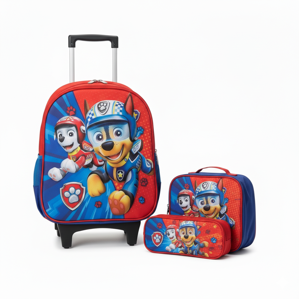 KIT X3 MALETA DOBLE RUEDAS + CARTUCHERA + LONCHERA MARSHAL ROJO