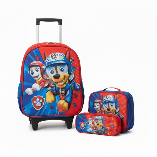 KIT X3 MALETA DOBLE RUEDAS + CARTUCHERA + LONCHERA MARSHAL ROJO